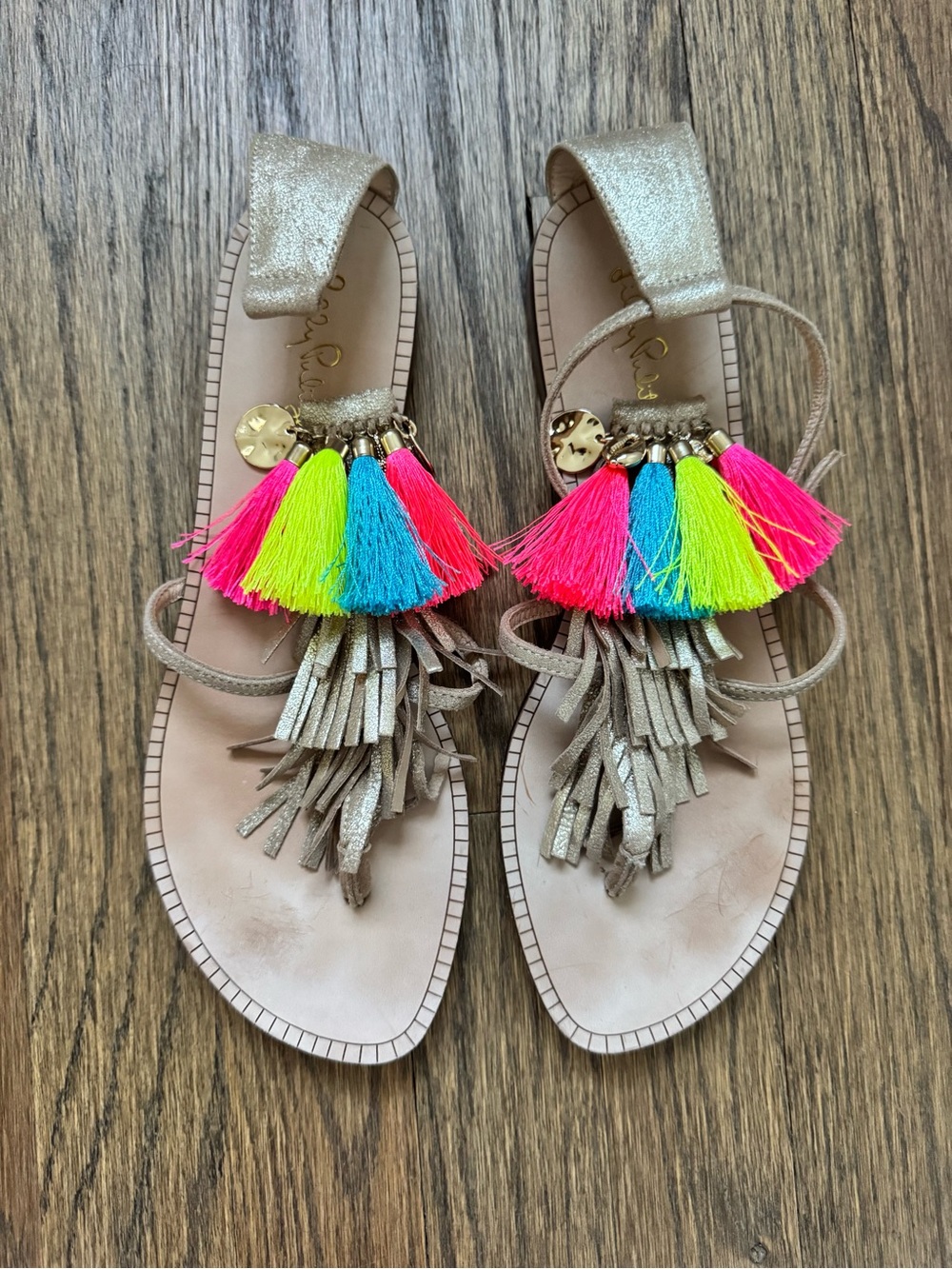 Lilly Pulitzer Metallic Gold Tassel Sandals with Neon Multi-Tassel Accent